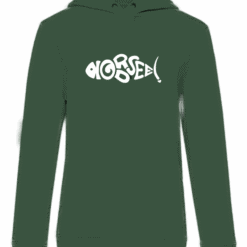 - Hoodie mit dem Schriftzug "Horses" in weiß auf dunkelgrünem Stoff.