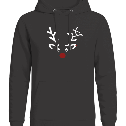Schwarzer Hoodie mit Rentier-Motiv, weihnachtliches Design, skandinavischer Stil, warme Kapuzenjacke, festliche Kleidung für Winter, 2meere, nachhaltige Mode, Streetwear.